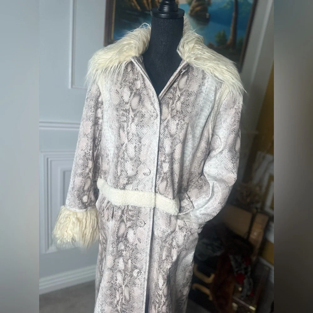 Nasty Gal Womens Snake Print Shearling Trim Longline Aviator Coat - Picture 7 of 12